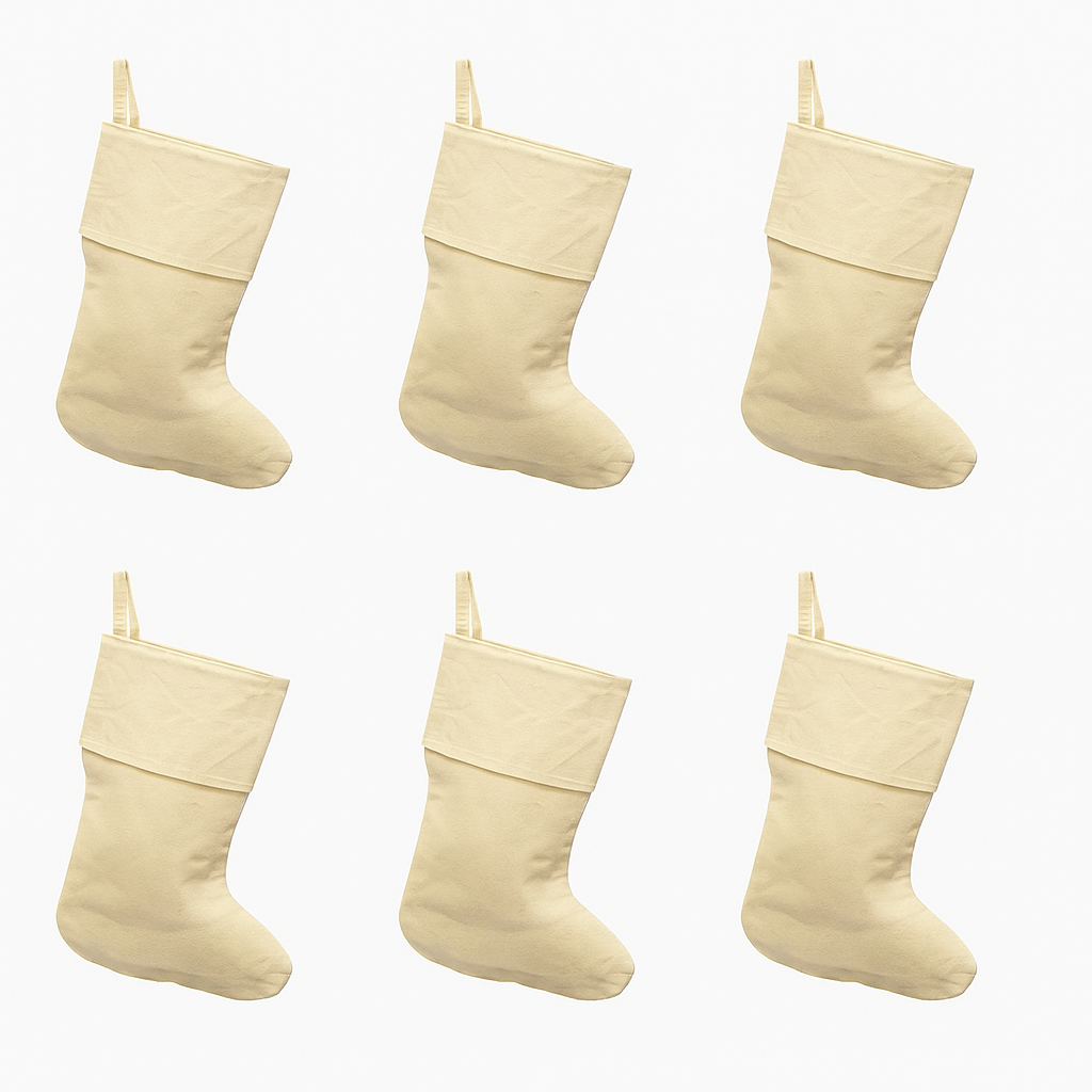 Set of six beige cotton canvas Christmas stocking