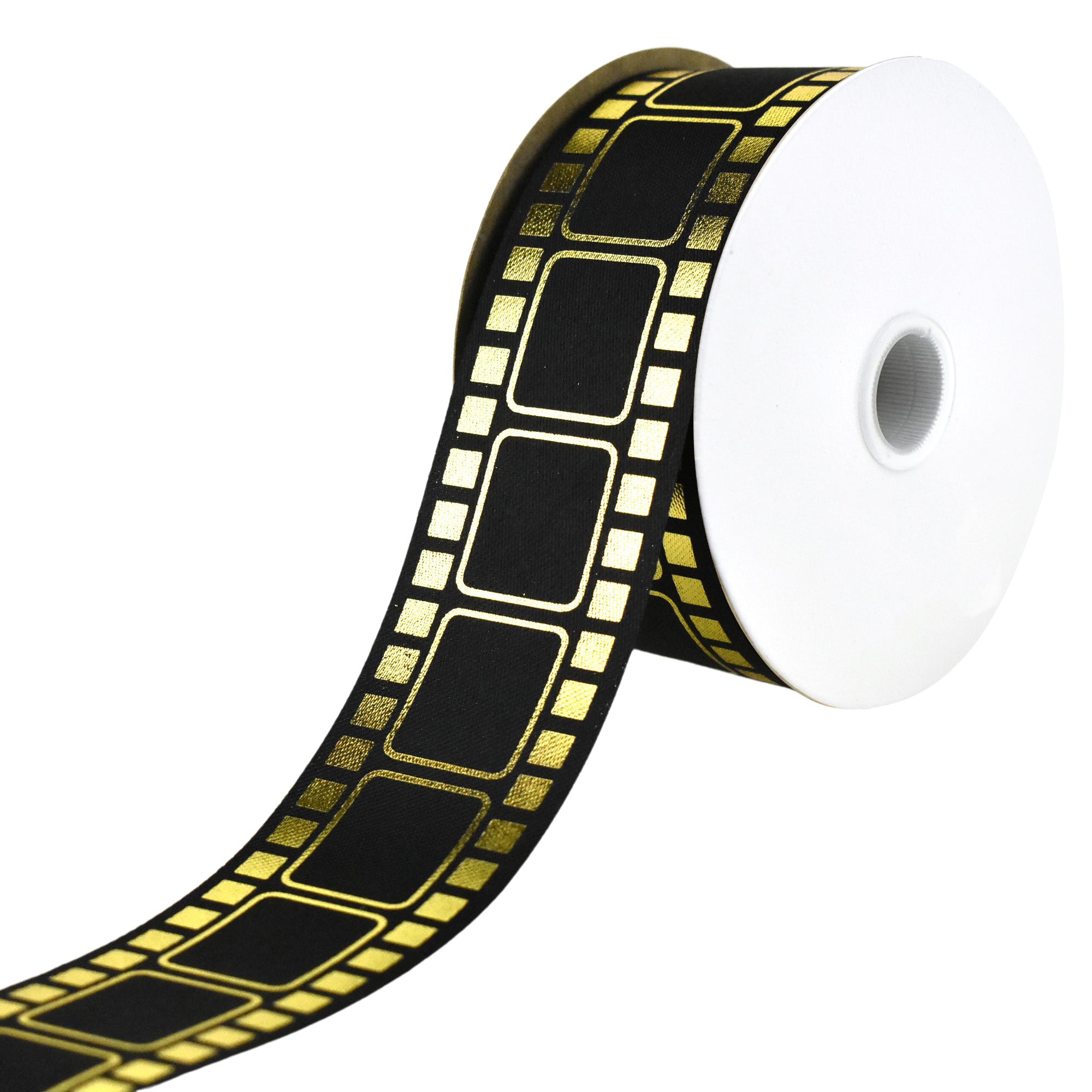 Homeford Movie Film Strip Themed Ribbon, 1-3/8-Inch, 25-yard, Black/Gold