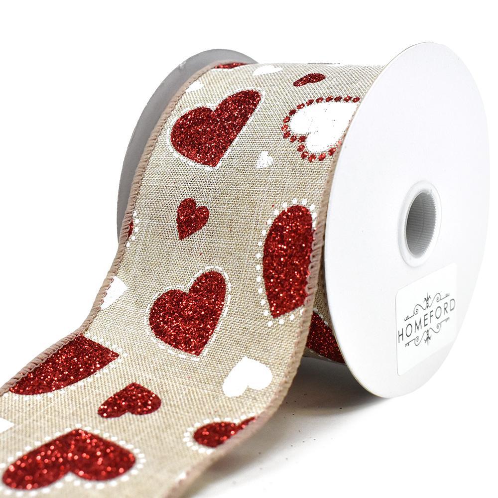 Valentines Darling Glitter Hearts Wired Ribbon, 2-1/2-Inch, 10-Yard