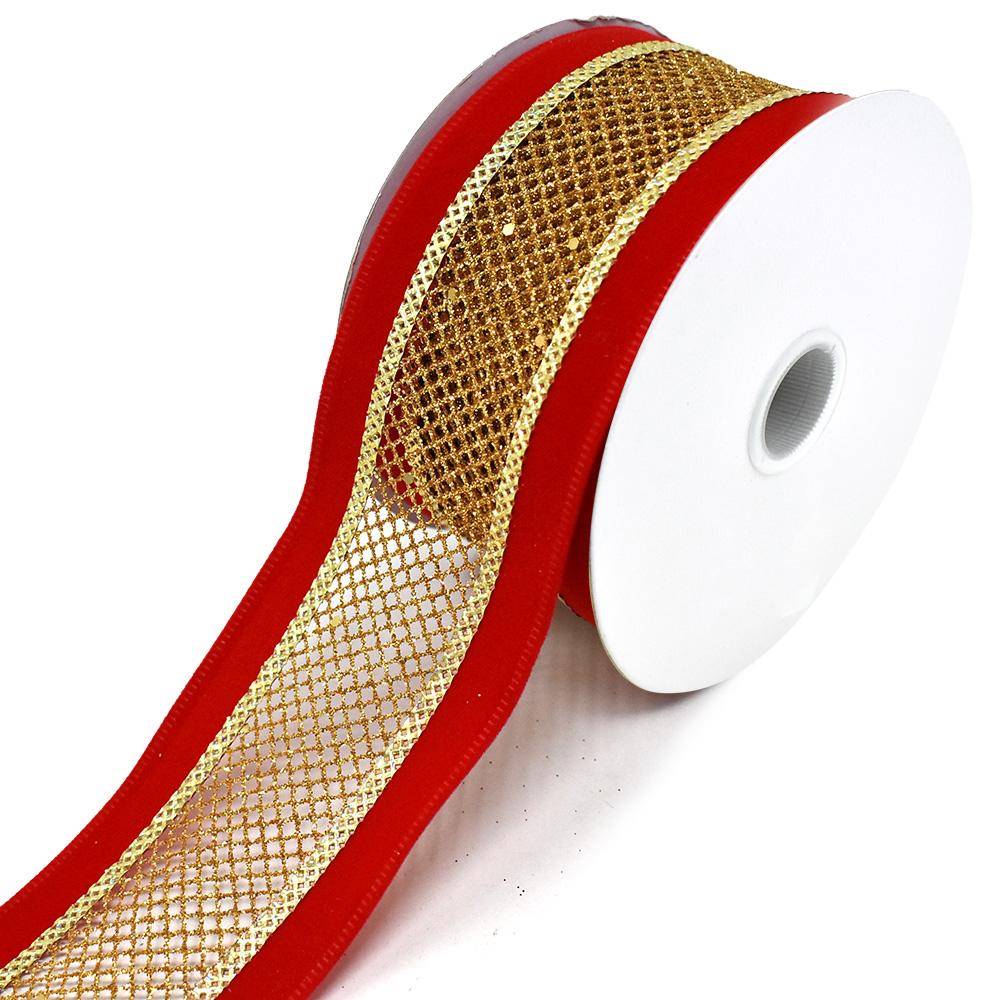 Mesh Velvet Wired Edge Christmas Ribbon, Red/Gold, 2-1/2-Inch, 10-Yard –  Homeford
