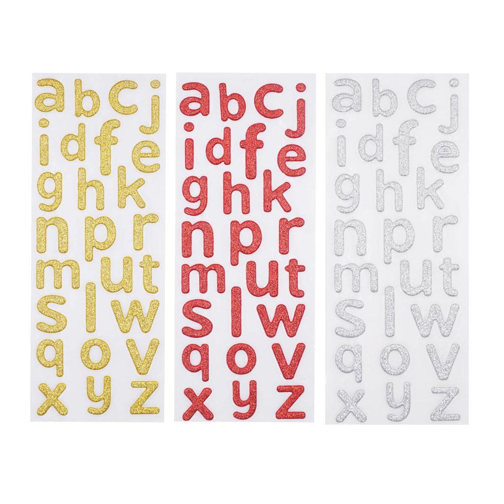 Homeford Glitter Alphabet Letter Lower Case Stickers, Gold/Red/Silver, 1-Inch, 3-Packs