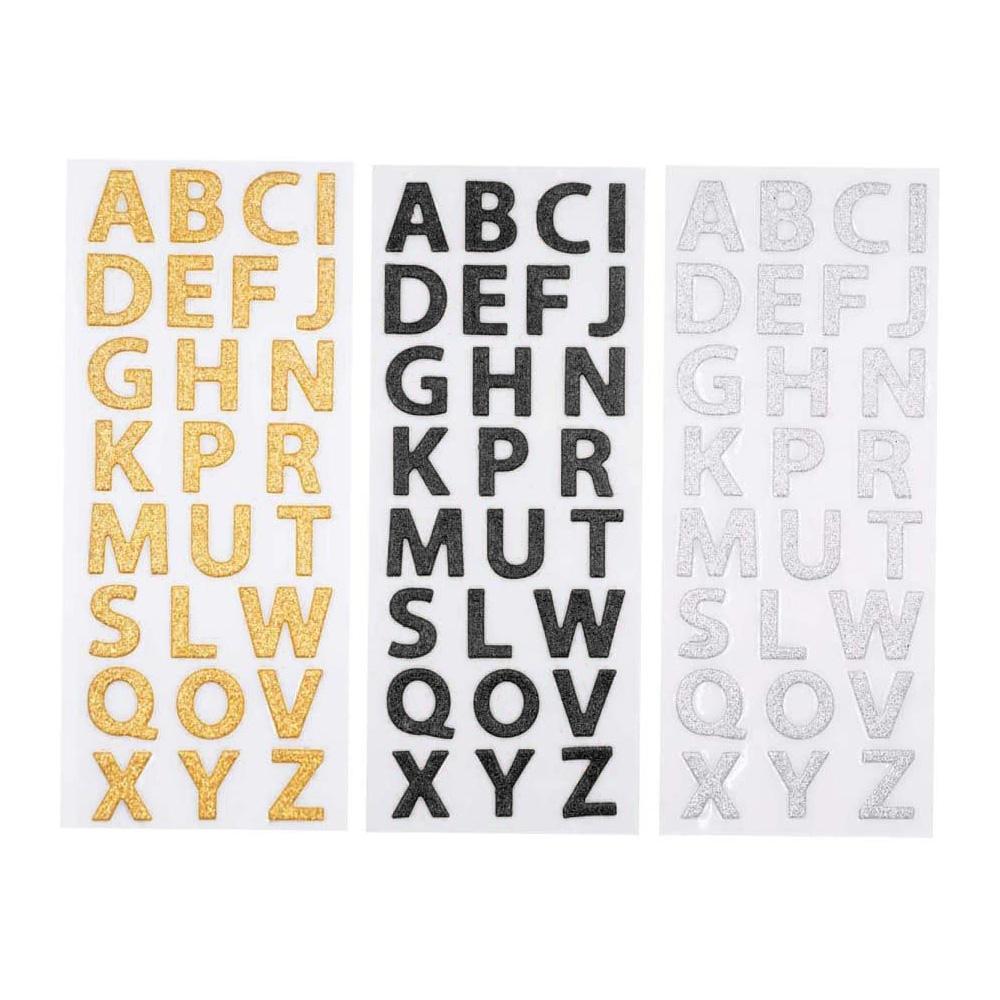 Glitter Alphabet Letter Upper Case Stickers, Black/Gold/Silver, 1-Inch, 3-Packs